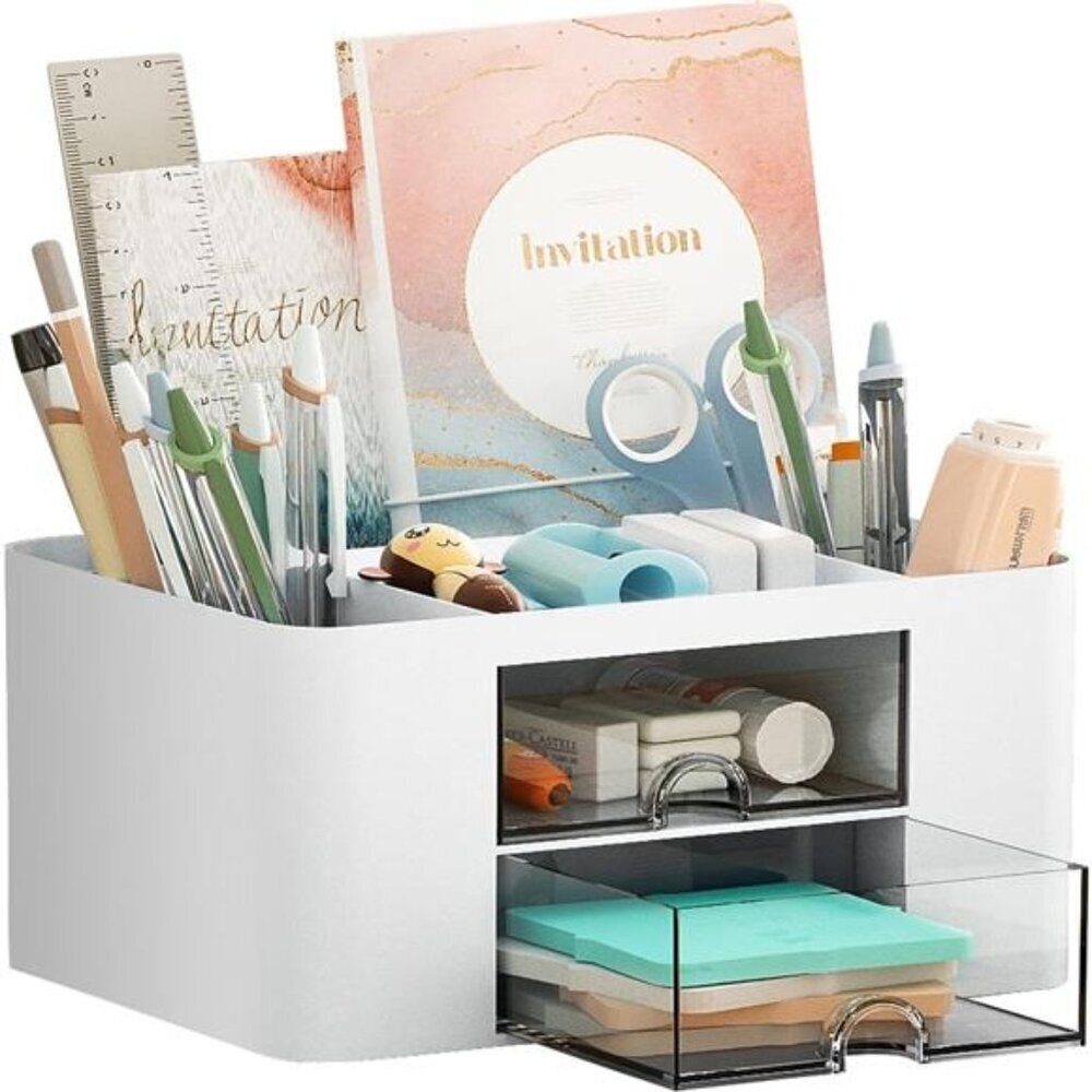 White Desk Organizer with Drawers Multi-Compartment Pen Holder Office Storage